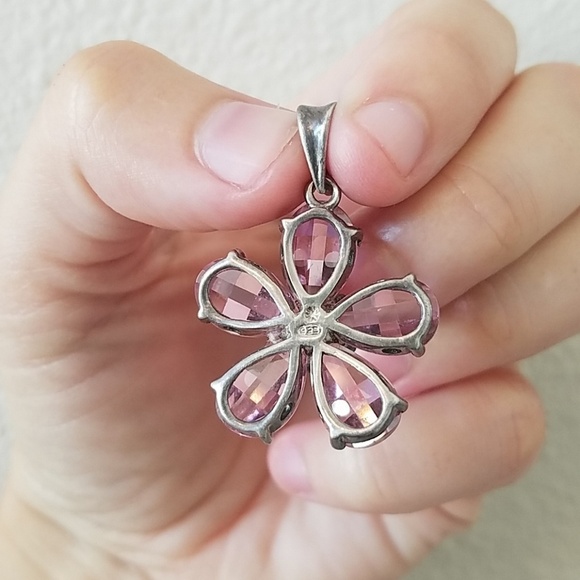 Sterling Silver and Pink Crystal Flower Pendant - Picture 3 of 7